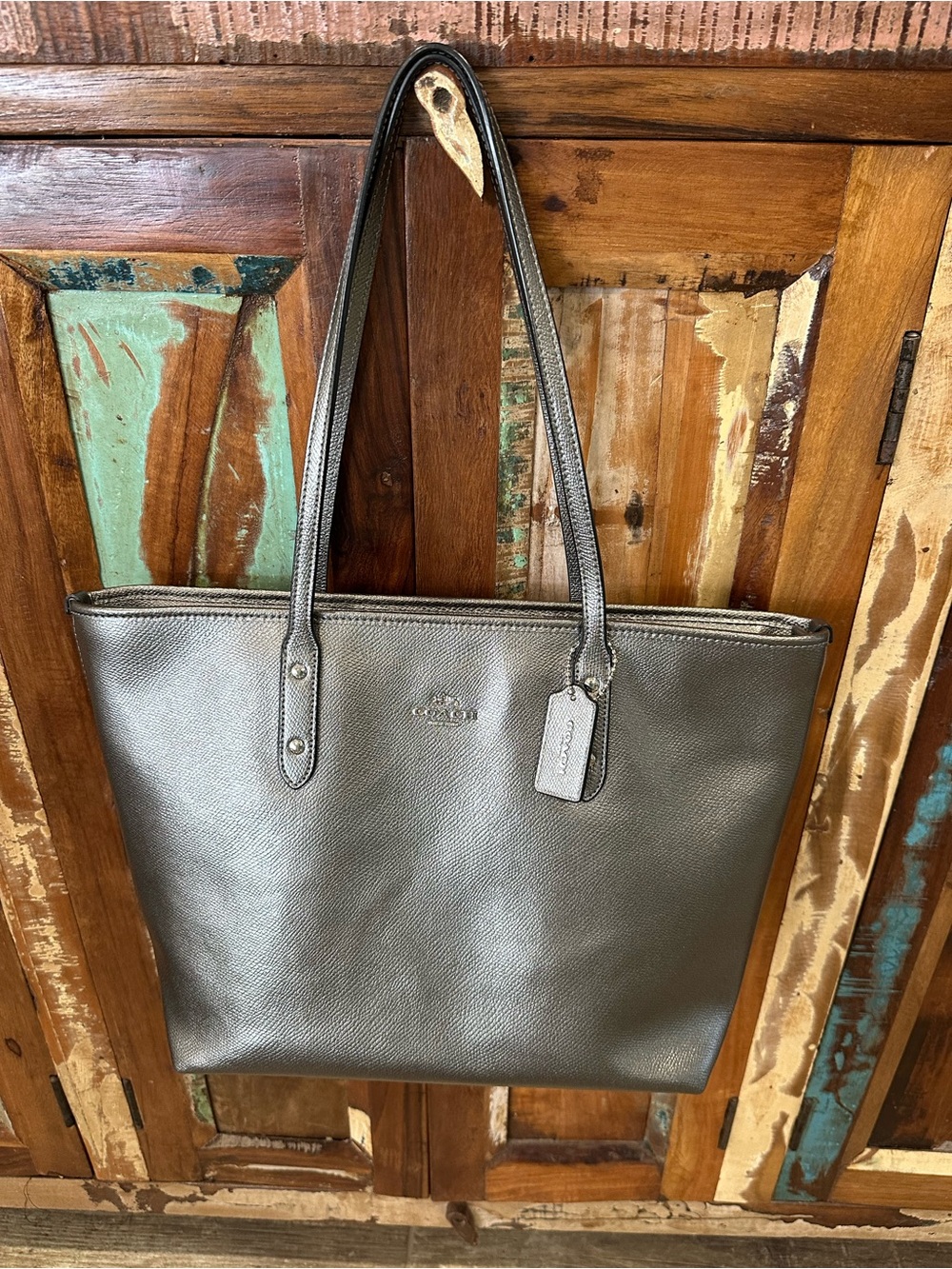Coach Metallic Pewter Zipper Tote